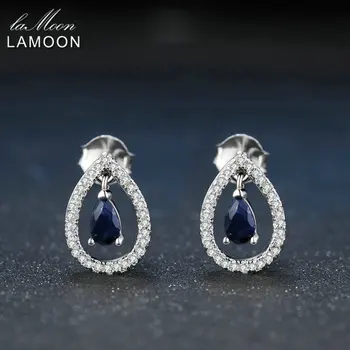 Lamoon 3X5mm Lacrimă Reale Blue Sapphire 925 sterling silver-bijuterii Coroana Stud Cercel S925 LMEI054