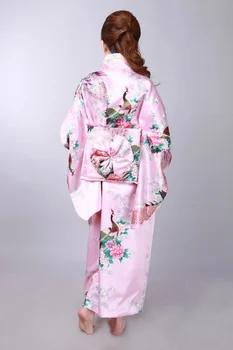Livrare gratuita Roz Vintage Femei Japoneze de Matase Satin Kimono ropa Mujeres japonesas Yukata Rochie Paun O Mărime H0040-B#