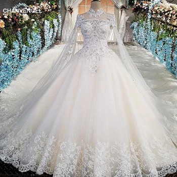 LS00169 de Lux, rochii de mireasa cu capul cu margele rochie de bal mâneci scurte înaltă neckine dantela vestido de noiva princesa poze reale