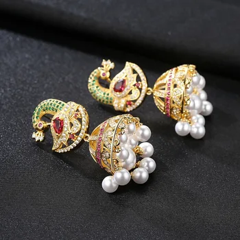 LUOTEEMI Etnice, Bijuterii de Mireasă de Culoare Aur Antic Pasăre Cu Create Perla Umbrela Indian Jhumka Jhumki Stud Cercei