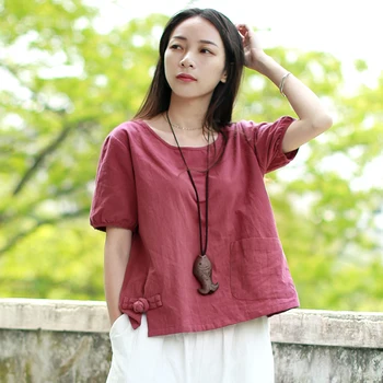 LZJN 2017 Vara Topuri Femei, Bluze din Bumbac Lenjerie de Vin Roșu Cămașă Tradițională Chineză Îmbrăcăminte Camisas de sex Feminin Blusas Femininas