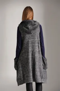 Lână, amestecuri de bumbac tricot gros femei de moda noua cu gluga pulover cardigan lung fără mâneci de culoare gri închis una si peste dimensiunea