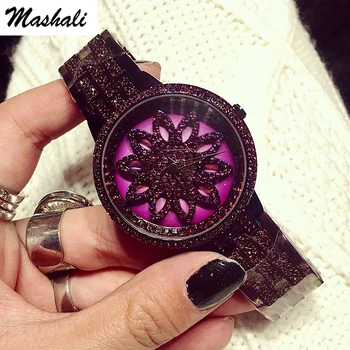 Mashali Brand Femei Cuarț Ceas Din Oțel Inoxidabil Ceasuri Doamna Stralucitoare Rotație Rochie Violet Lady Ceasuri De Montre Femme 2017 Nou