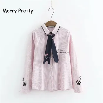 Merry Destul de Primavara pentru Femei Tricou Stil Preppy Drăguț Cravata Cat Scrisoare Broderie cu Dungi Verticale Bluză cu Mâneci Lungi Femei