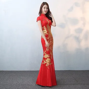Mireasa Vintage Cheongsam Lung Națională Chineză Rochie Roșie Qi Pao Femei Phoenix Broderie Traditionala Rochie De Seara Model Qipao