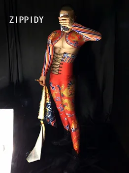 Moda model Dragon temă falsă musculare imprimate de Proiectare bărbați salopeta costum șorț club de noapte Sărbători petrecere dj show salopetă