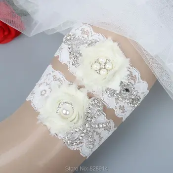 Moda originale de Lux Pietre de Cristal Dantelă Albă Jartiera Nunta Seturi pentru Mireasa Handmade Cu Fildeș Ponosit Chifon de Flori