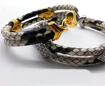 Moda piele de Python Piele de Șarpe 5MM Oameni cu Argint din Oțel Inoxidabil, CASETA de Cerc brățară Brățară Pentru Ceas Cadou