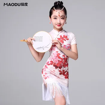 Moda scurt-maneca Floare de imprimare ciucure de dans latino dintr-o bucata, rochii pentru fete/copii, sală de bal Stil Chinezesc costum MD7138