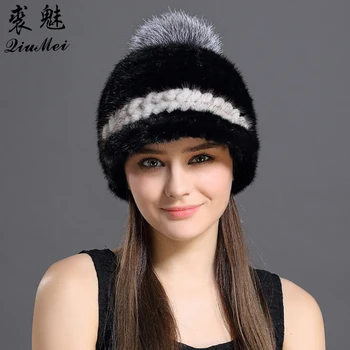 Moda Se Ingroase Pălărie De Iarnă Stil De Blană De Nurcă De Tricotat Naturale Animale Drăguț Cu Pompon Capac Mozaic De Culoare Rece Femeie Capac