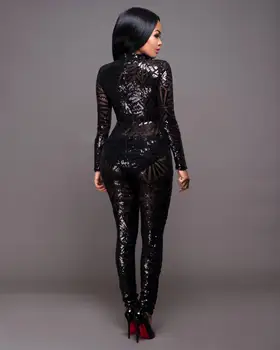 Moda Sexy Negru O de Gât Paiete Bandaj Bodycon Salopete Catsuit Playsuits Clubwear MGC272