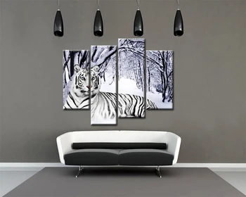 Modular De Perete Pictura 4 Piese Tiger Tablouri Alb Animale De Perete De Arta Print Pe Pânză Pentru Decor Acasă Fără Încadrată