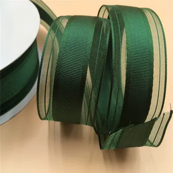 N2216 38MM 25yards rola cutie de cadou de ambalaj prin cablu marginea verde smarald linii organza cu margini grosgrain panglică