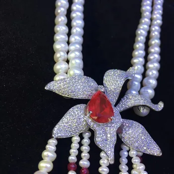 Naturale de apă dulce pearl colier pandantiv ciucuri de argint 925 cu cubic zircon floare colier moda bijuterii femei