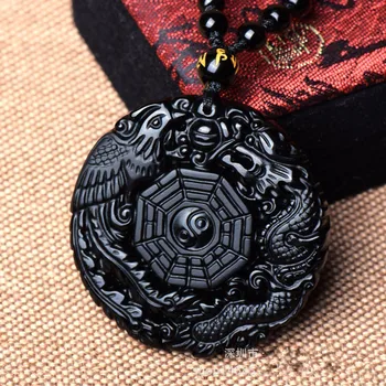 Naturale Obsidian Negru Sculptat De Mână Chineză Dragon Phoenix BaGua Norocos Amuleta Pandantiv Gratuit Colier Moda Bijuterii Fine