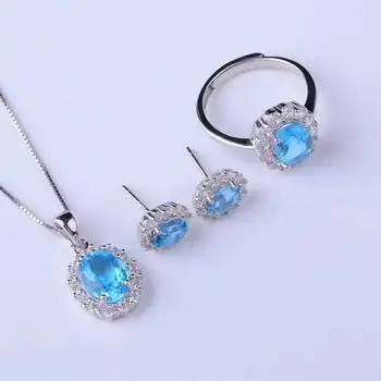 Naturale topaz albastru bijuterie seturi de bijuterii piatră prețioasă naturale inel Cercei Pandantiv argint 925 Elegant rotund Elegant femei partid bijuterii