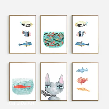 Nici un cadru de desene animate clar pisica drăguț de pește viata panza tiparituri ulei de tablou imprimat pe panza de casa arta de perete decor imagine