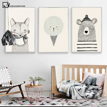 NICOLESHENTING Nordic Art Urs Vulpe Panza Poster Pictura desen Animat Animale Perete Imagine de Imprimare Copii Decorare Camera Copilului