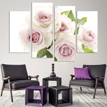 Noi Modular Poze 4 Piese Roz romantic Rose Acasă Decorative Panza Pictura Camera de zi Vopsea de Perete de Arta Imagine Vopsea