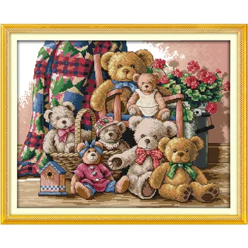 O Familie de ursi Desene animate Toy Flori Decor Acasă Picturi Numărat Imprimate Pe Panza DMC 11CT 14CT Chineză cruciulițe kituri Broda