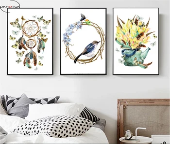 OKHOTCN Neînrămate Acuarela Flori de Plante Pasăre Dreamcatcher Moderne Poster Canvas Art Sufragerie Decor HD Imprimare