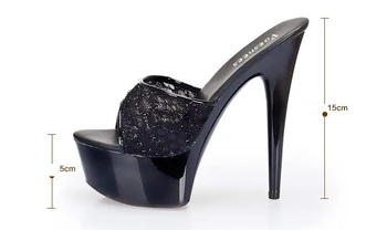 Pantofi femei 2018 Dulce Pantofi cu toc Înalt 13 / 15cm Bine Cu o Grosime de Papuci Negri de Dantelă de Moda Banchet Pantofi pentru Femei Marimi 34-44