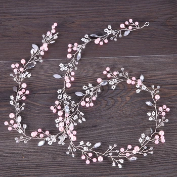 Perla roz Bentita de Par de Nunta Bijuterii Pentru Mireasa Lung Bentita Stras Tiara de Păr Accesorii de Înaltă Calitate, cu fir de Cupru 98cm