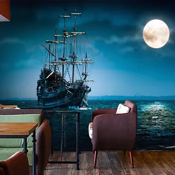 Personalizat murale 3D Moderne vedere de noapte cu lună plină ocean nava dormitor, birou, camera de zi tapet de cafea restaurant tapet mural