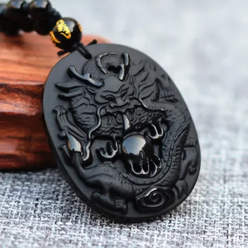 Picătură de Transport maritim Naturale Obsidian Negru Sculptură în Piatră Dragon Chinezesc Noroc Amuleta Pandantiv Colier Pentru bărbați Curajoși moda Bijuterii