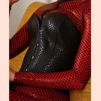 Plus Dimensiune Negru Roșu Zentai Flexibil Sexy Femei Catsuit Cu Fermoar Purta Mâneci Lungi Costume De Piele Femei Costume Salopeta