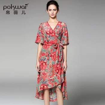 POKWAI Casual Florale de Vara Rochie de Mătase de Înaltă Calitate de Moda pentru Femei 2017 Nouă Jumătate Maneca Fluture V-Gât Eșarfe Rochii a-Line