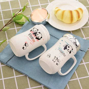 Portabile Ieftine Drăguț Amuzant Birou Modern Creativ Cadou Personalizat Panda Priting Ceramice De Cafea Cana De Ceai Cu Capac Oglinda