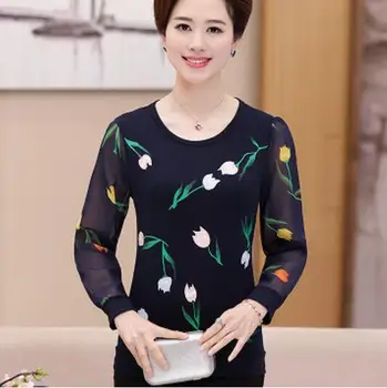 Primăvara Nou 2017 Femeile de Varsta Mijlocie Topuri o-Neck Tricou de imprimare de Înaltă Calitate de Moda Lung mâneci Plus Dimensiune Femei T-Shirt AE2104