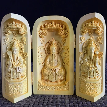 Rafinat Empaistic Naturale Cimișir Sculptură Buddha Vest Retinues Trei Sfânt Zeita de Mercy sculptură artizanat Decor