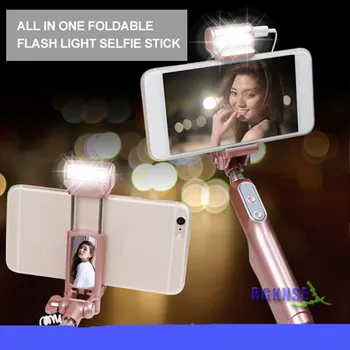RK04 Extensibila fără Fir Bluetooth Selfie Stick Monopod & Led Flash de Lumină Oglindă & Telefon Lentilă pentru iPhone 8 Plus X Samsung Huawei