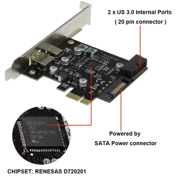 Ro-Laboratoare USB 3.0, 3 Porturi (Tip C + 20 Pini Interne) PCI-E Express Card w/ 2.4 O Încărcare Rapidă USB Hub Controller Adaptor pentru PC