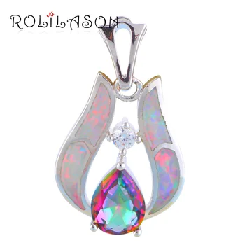 ROLILASON Multicol Curcubeu zircon pandantiv colier Alb Opal Silver timbru Coliere Pandantive bijuterii de Moda OP568