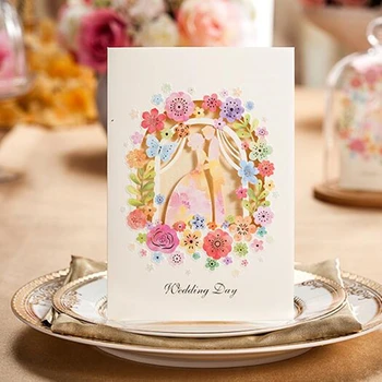 Romantic Primitoare Card Elegant Tăiat Cu Laser Alb-Roz Eveniment Consumabile Partid Decor Iubitor De Flori Invitatie De Nunta De Hârtie