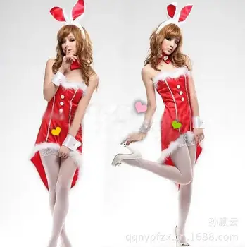 Rosu Sexy Bunny Moș Crăciun Costum de Costume de Crăciun Lenjerie Erotica Pentru Femei Deguisement Adulte Urechi+Rochie+Încheietura mâinii Pereche+Cravata WL152