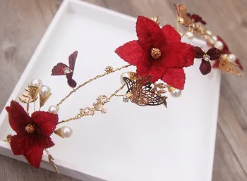 Roșu închis floare fluture hairband mireasa tiara nuntă perla bentita de mireasa accesorii de par gros