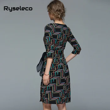 Ryseleco Europei 2018 Nouă Epocă Imprimă Carouri Rochii De Schimbare Femeile Fantă Papion Subțire O-Linie Maneca 3/4 Casual Doamna Munca Vestidos