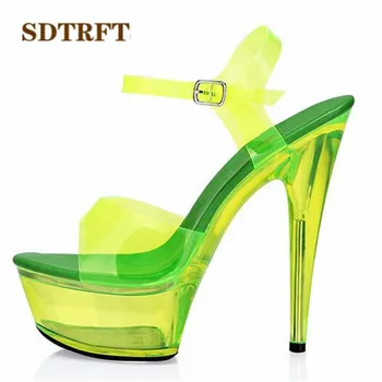 SDTRFT Crossdress zapatos Plus:34-44 pompe de Curea Glezna pantofi pentru femei 15cm subțire cu toc înalt cristal transparent sandale cu platforma