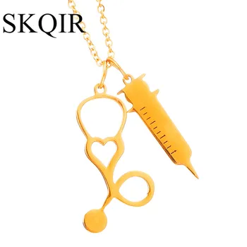 SKQIR Medicale Stetoscop Seringa Pandantive Colier Pentru Asistenta/Medicul Inima Guler Colier de Lanț de Femei Bijuterii Aur/Argint