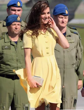 Solid De Culoare Galbenă Kate Middleton, Printesa Dres Moda Butonul Design Maneci Scurte Cutat Dreses