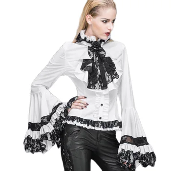 Steampunk Gotic Femei Tricou Curtea Palatului Flare Sleeve Lace Shirt Alb Negru Bluze Camasi Cu Flori Guler Pentru Femei