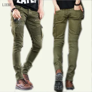 Stil Militar Designer Skinny Boot Cut Jeans Barbati Cu Fermoar Marfă Denim Motociclist Blugi Pantaloni Pentru Barbati Armata Verde Negru Buzunar Lateral