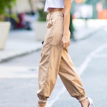 Streetwear Pantaloni Femei Cool Kaki Culoare Solidă Talie Lanț Decor Elastic Picioare De Sex Feminin De Moda Toamna Cu Fermoar Pantaloni