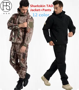 TAD Tactice Bărbați Armata de Vânătoare, Pescuit, Drumeții Explora Haine de Camuflaj Piele de Rechin Militare Impermeabil cu Glugă Sacou+Pantaloni