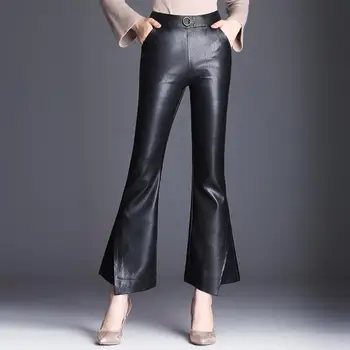 Talie mare pu pantaloni de moda de sex feminin de mari dimensiuni flare pantaloni femei faux din piele lungi pantaloni