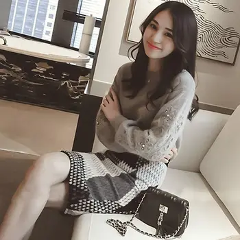 Toamna noua femei pulovere pulovere top tricotate pânză fusta costume de moda coreeană 2 buc set haine office lady tinuta design